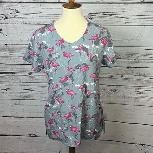 Zoe + Chloe Gray Flamingo Scrub Top